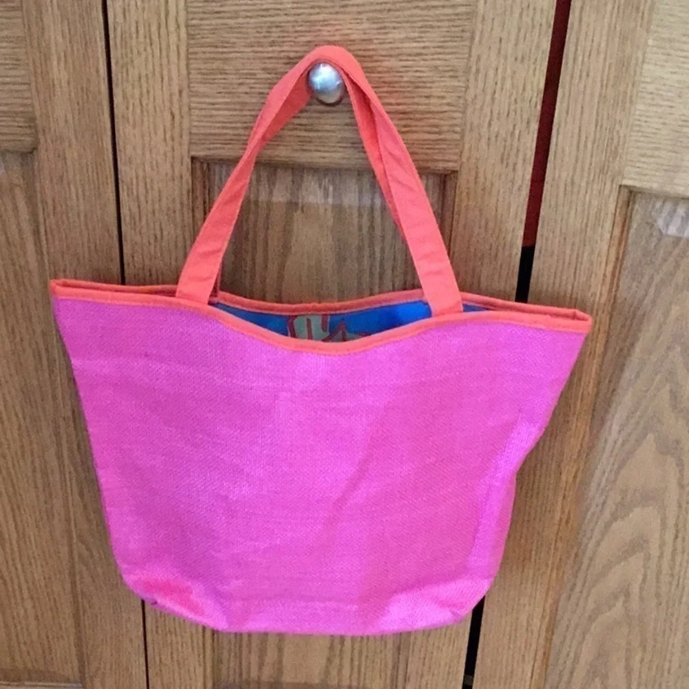 PINK and orange tote bag with blue tropical interior